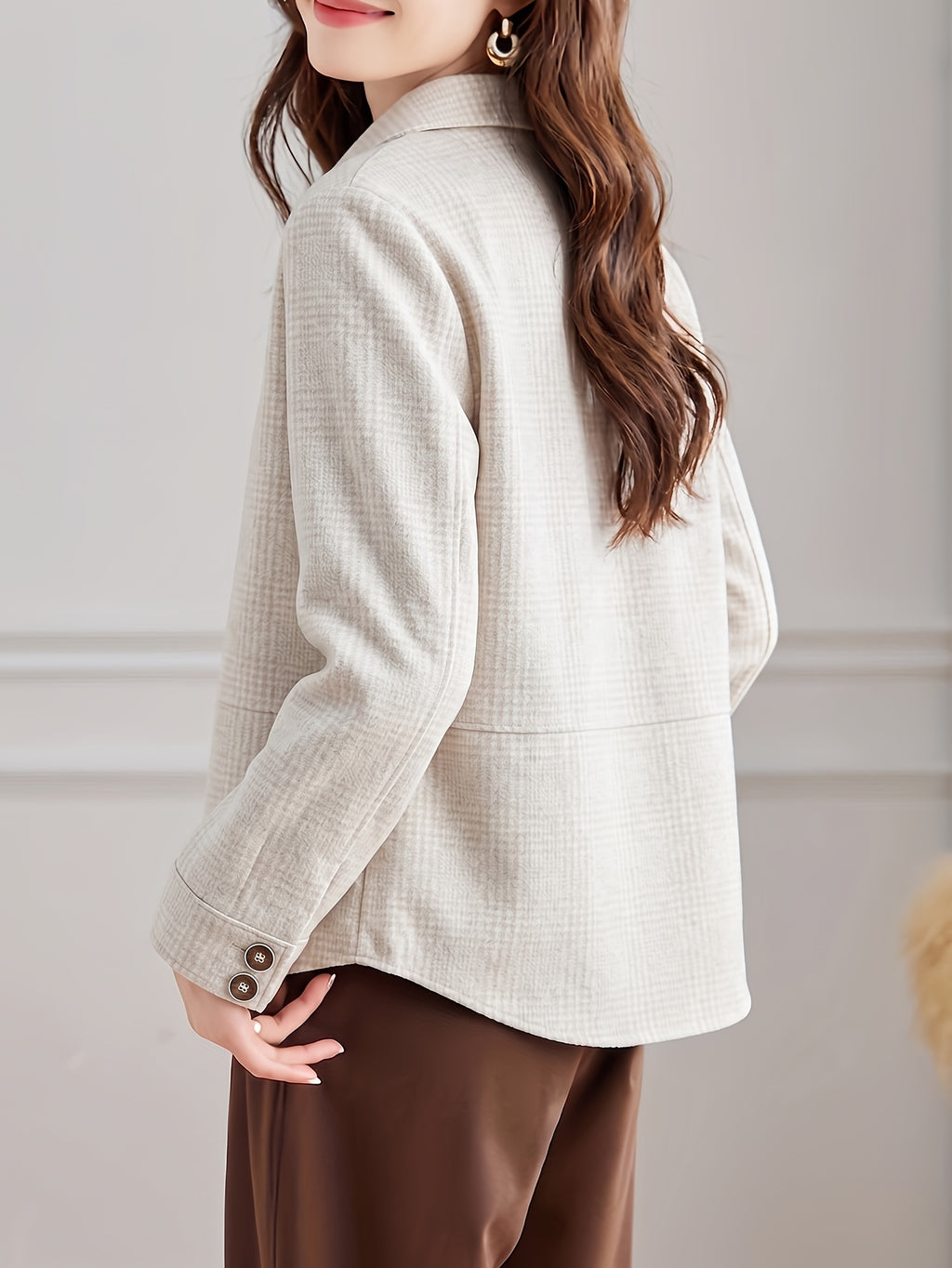 2026 Vintage Gray Houndstooth Short Blazer for Women, Lapel Collar, Single-Breasted, High-End Feel, Simple Commuter Jacket Top - Khaki