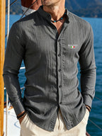 3pcs Men'S Lightweight Breathable Long Sleeve Shirts, Trendy "MILANO" Letter Flag Pattern Print - Fashionable Versatile Stand-Up Collar Comfortable Open Cardigan, Suitable for All Seasons, Beach, Outdoor, Travel Vacation, Party Daily Casual Wear - Gray+navy Blue+black
