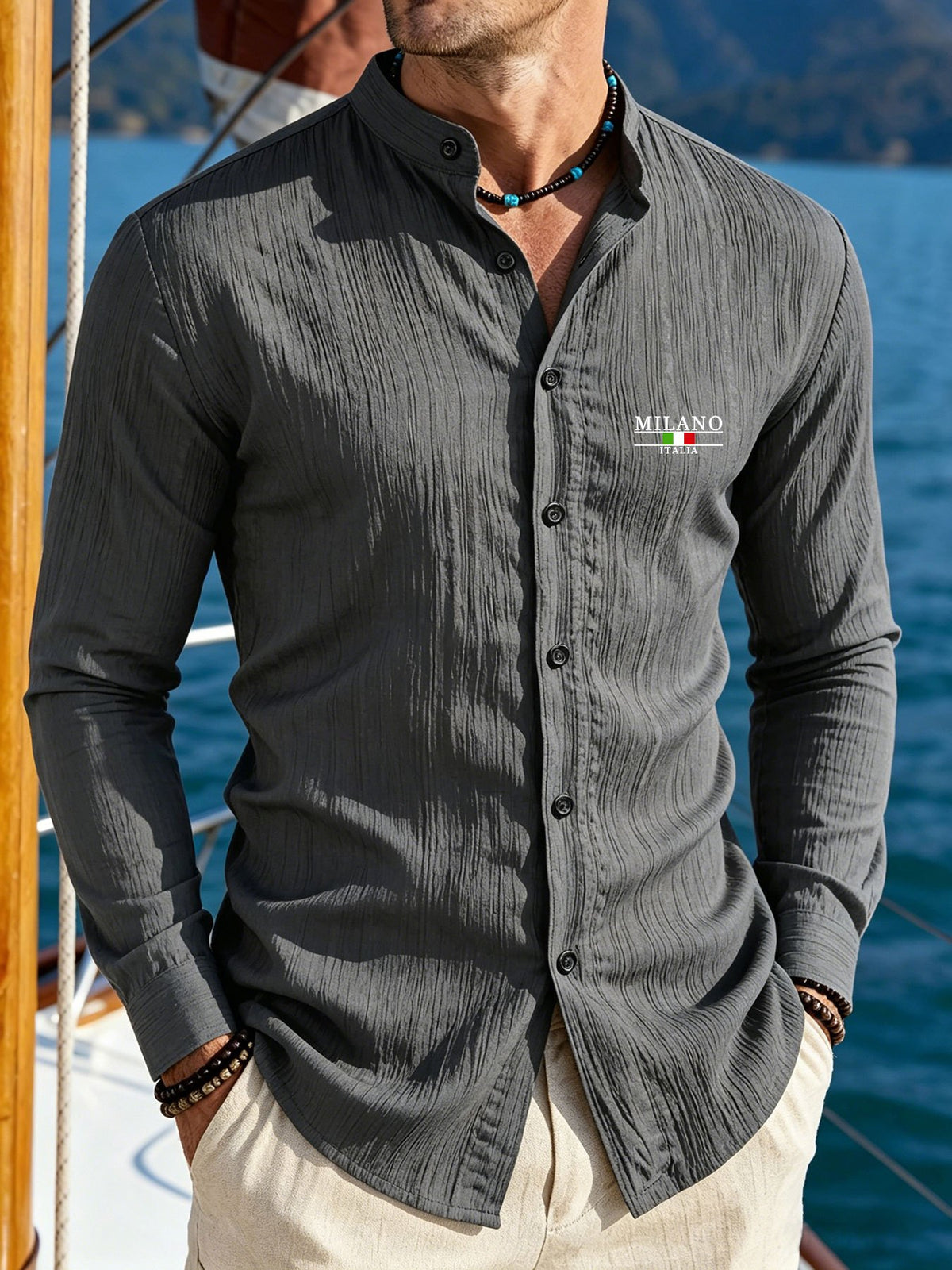 3pcs Men'S Lightweight Breathable Long Sleeve Shirts, Trendy "MILANO" Letter Flag Pattern Print - Fashionable Versatile Stand-Up Collar Comfortable Open Cardigan, Suitable for All Seasons, Beach, Outdoor, Travel Vacation, Party Daily Casual Wear - Gray+navy Blue+black