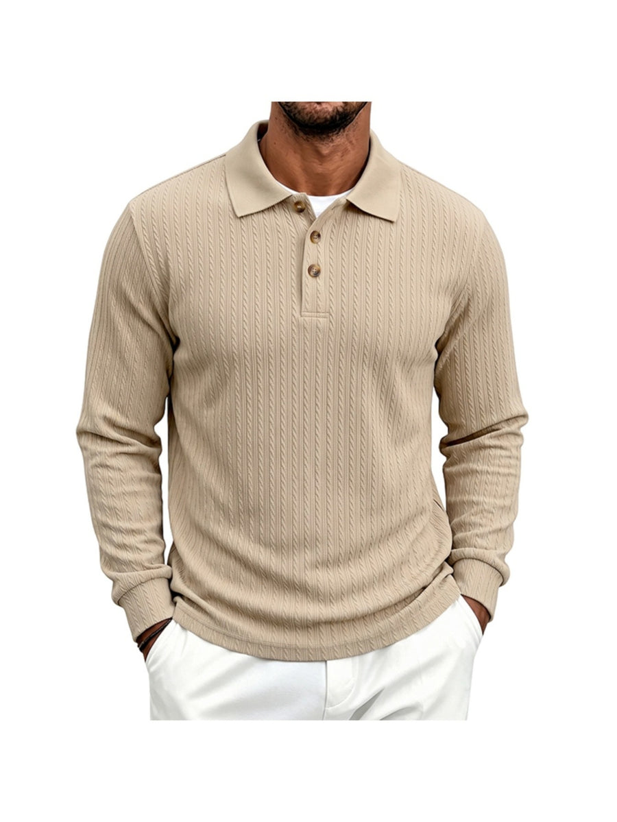 Men's Cable Twist Knit Long Sleeve Polo Shirt, Classic Collar 3 Buttons Solid Pullover, Casual Business Slim Fit Textured Top for Autumn Winter - Khaki