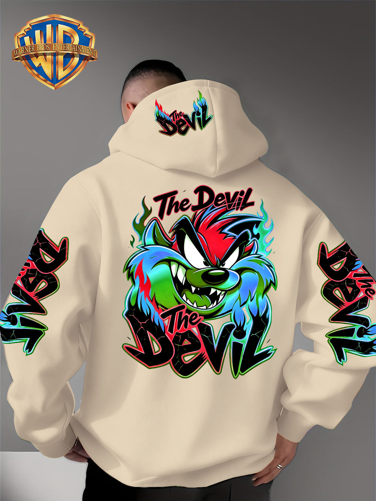 Le Yitong Flame Style Color-Block Graffiti Big Mouth Monster The Devil Print Hoodie, with Sleeve Print Design, Kangaroo Pouch And Drawstring Hood, Suitable for Autumn/Winter Casual Wear And Outdoor Activities - Apricot