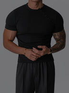 [Shule Water OBM] Men'S Ribbed Henley T-Shirt, Short Sleeve Slim Fit Base Layer Top, Textured Street Style Shirt, Fitness Commute Versatile Style, 2026 Summer New - Black