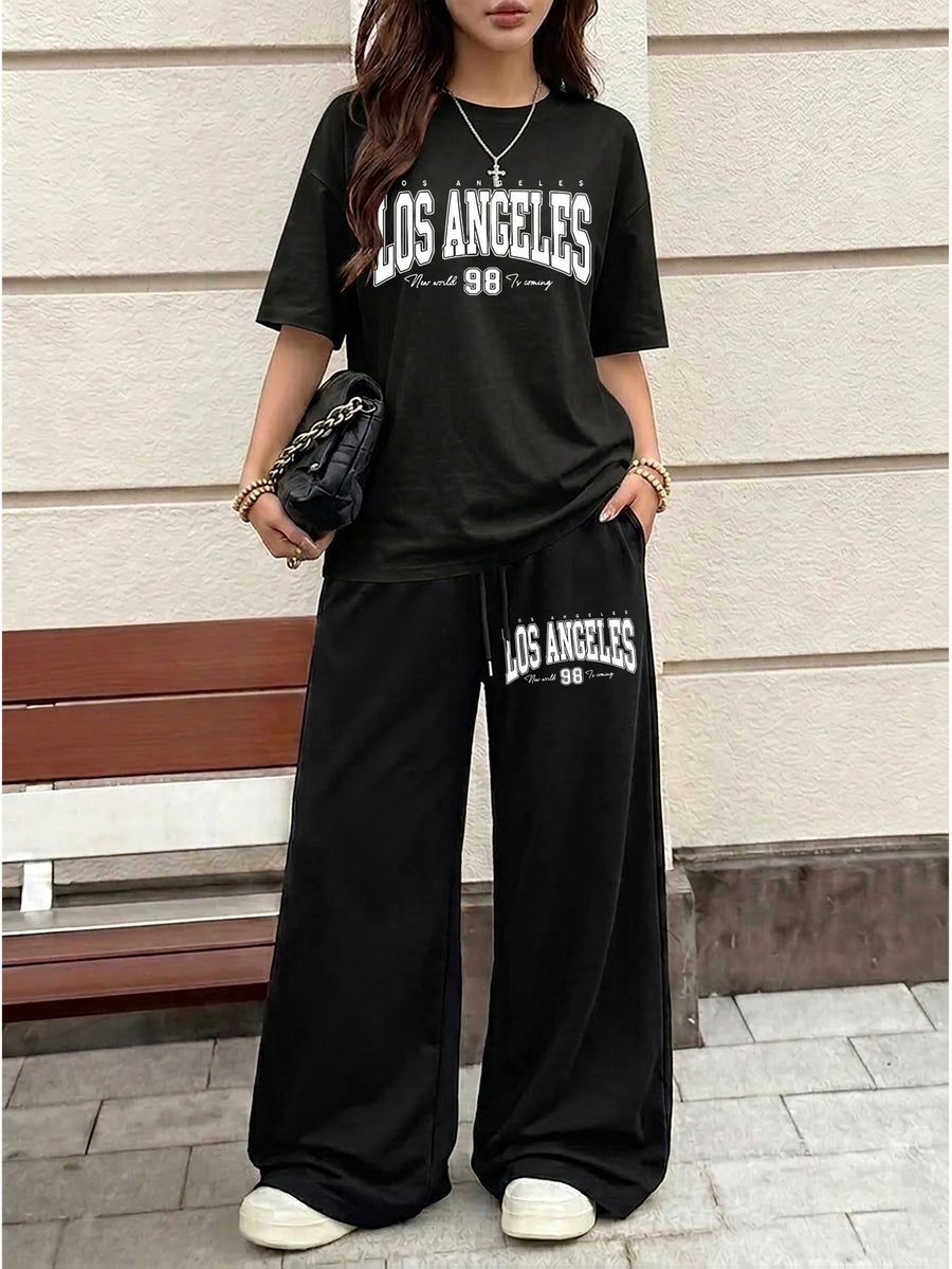 Women's Casual Streetwear Trend Los Angeles 98 Print Crew Neck Short Sleeve Top and Loose Drawstring Long Pants 2pcs Set, Women's Fashion Outfit, Suitable for Summer Streetwear - Black+black