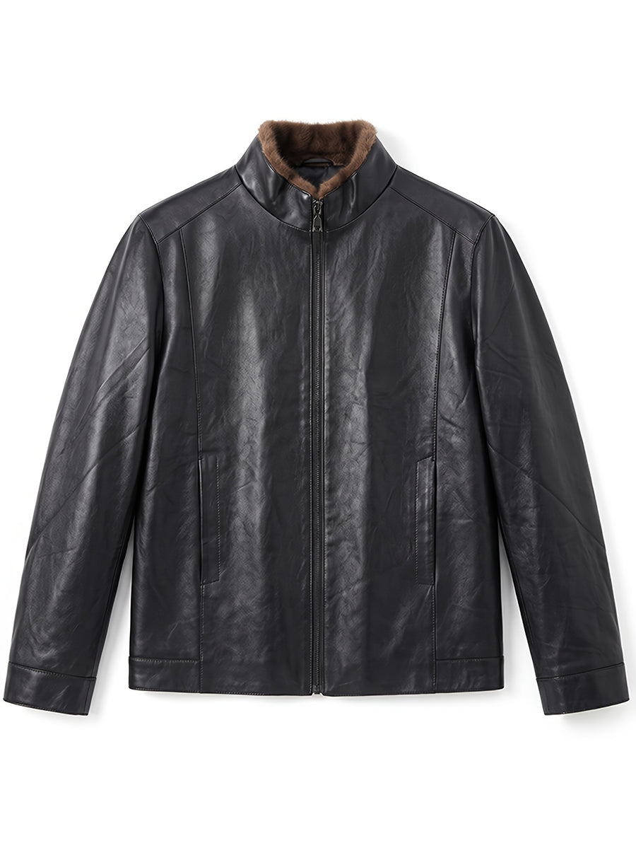 [Pearson OBM] Autumn Winter Men'S Faux Leather Jacket Casual All-Match Warm Zippered Faux Leather Jacket Outdoor Casual Top - Black