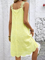 French Hollow Embroidery Square-Neck Sleeveless Dress, with Lace Shoulder Strap Design, Loose A-Line Vacation Midi Dress, Niannian Women'S Wear - 【Light Yellow】