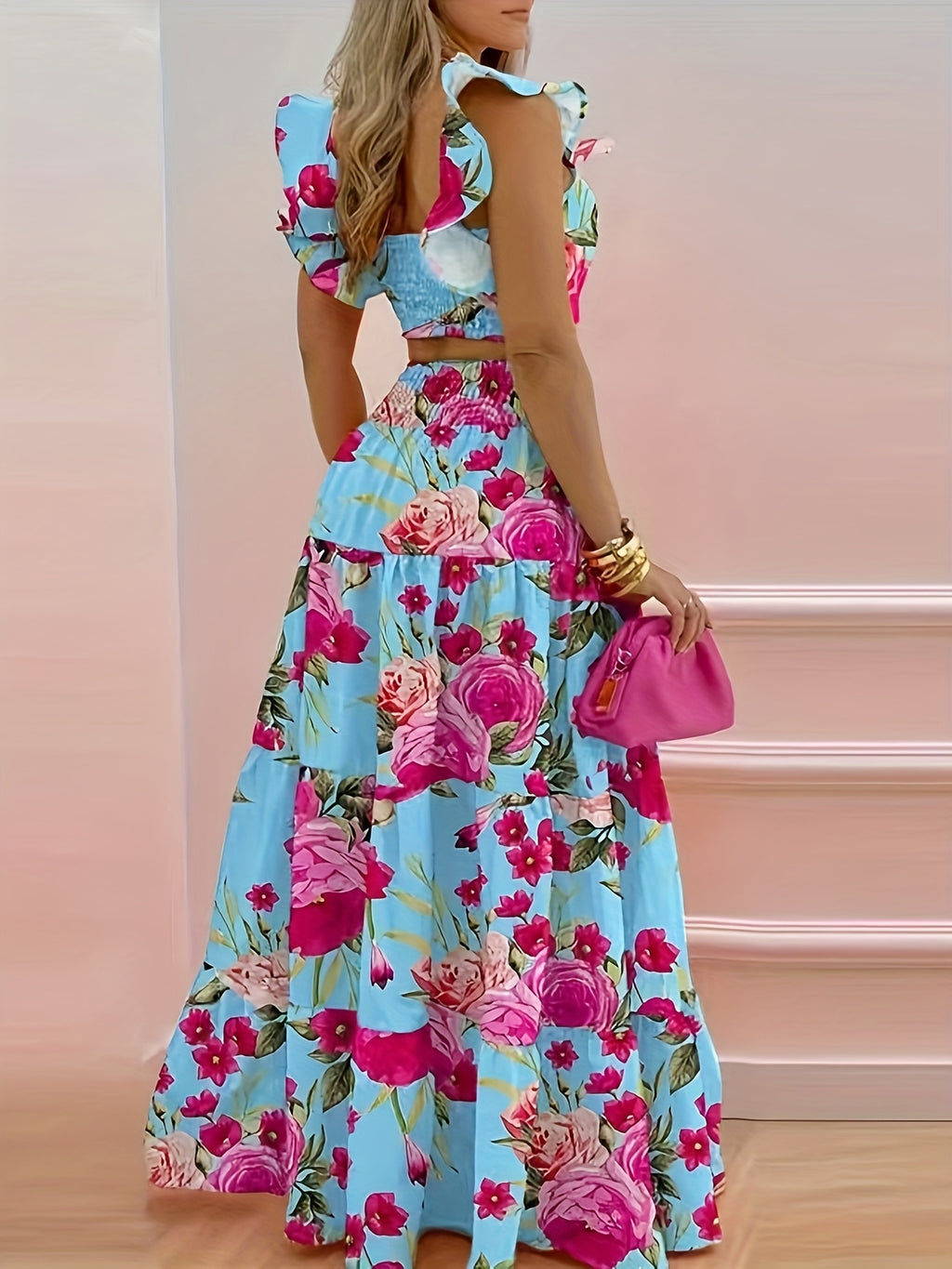 New European and American Style Summer Ruffle Trim Cinched Chest 2pcs Set Women's Long Dress, Blue Base with Rose Red Large Floral Contrast, High-Waisted Sexy Camisole Flared Skirt, Suitable for Summer Club Parties. Can Be a Surprise for Others - Dark Pink
