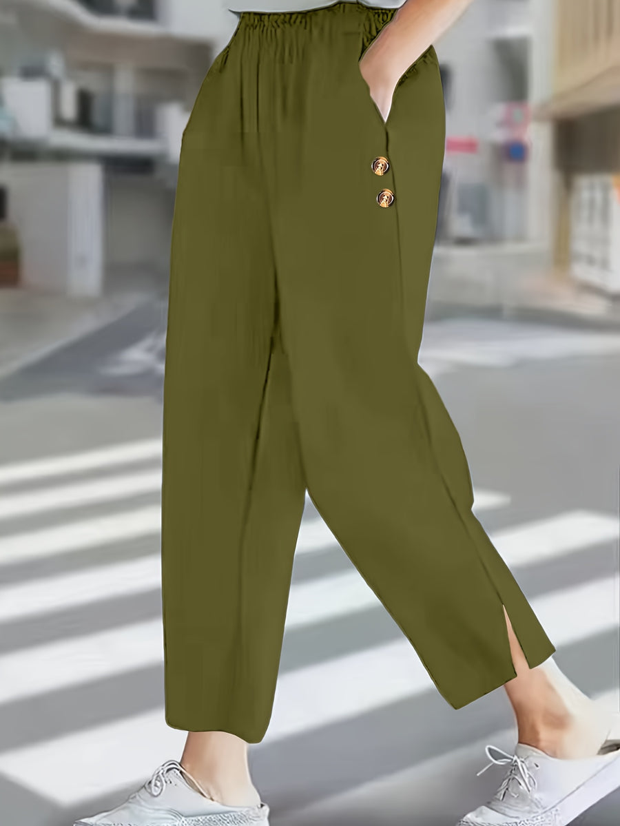Solid Color Elegant Ankle Pants with Buttoned Pockets, Featuring a Slit Cuff Design for Added Dynamism, Suitable for Daily Outings or Commuting - Olive Green