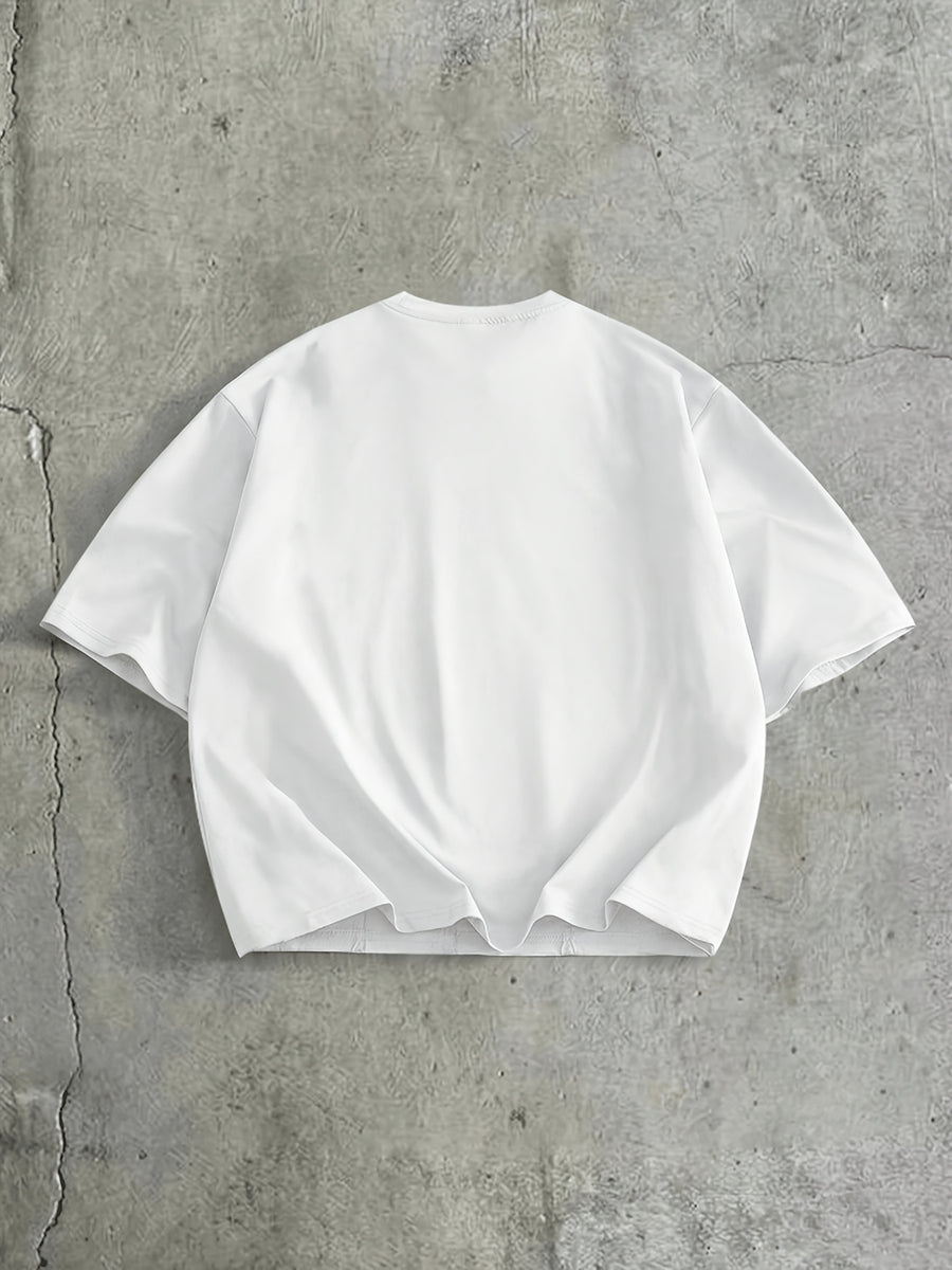 Men's Simple Loose-Fit Crew Neck Short-Sleeve White T-Shirt with a Draped, Three-Dimensional Patchwork Design - White