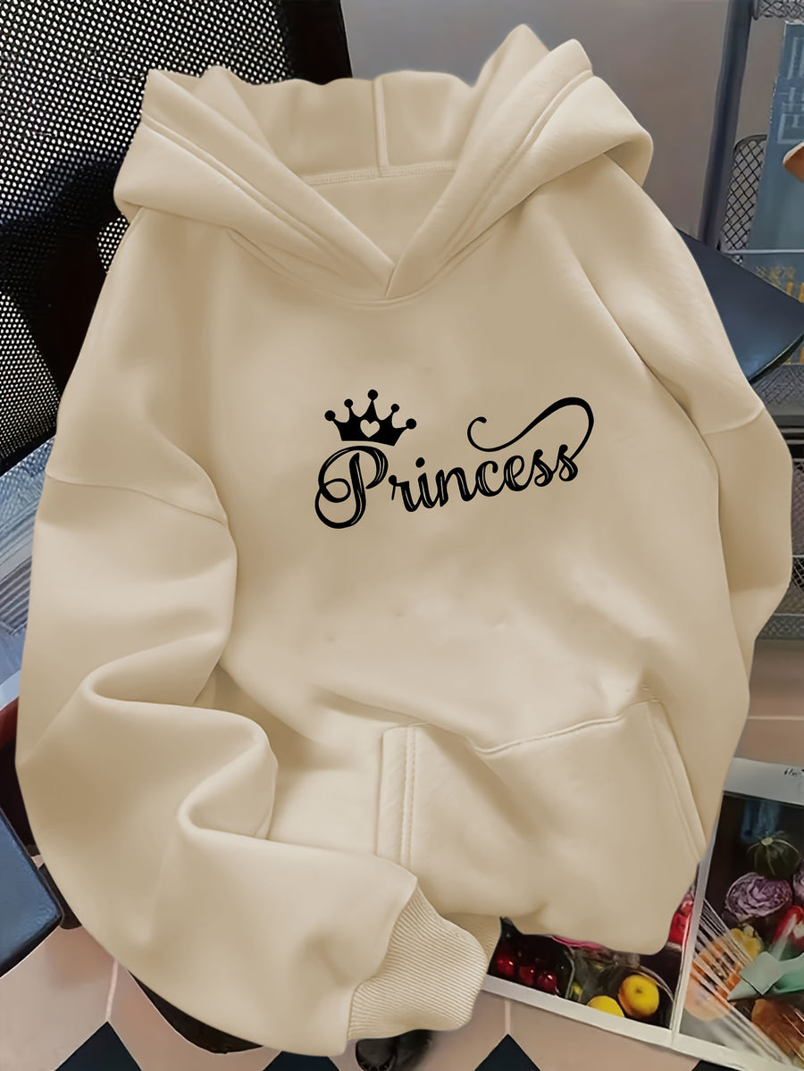 D92-1pc Loose Hooded Sweatshirt, Fashionable Versatile Princess Crown Pattern Printed Hooded Sweatshirt, Spring And Autumn, Women'S Size L15172 - Apricot