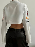 Fashion Motorcycle Women's Short Vintage Jacket Loose Thin Baseball Jacket - White