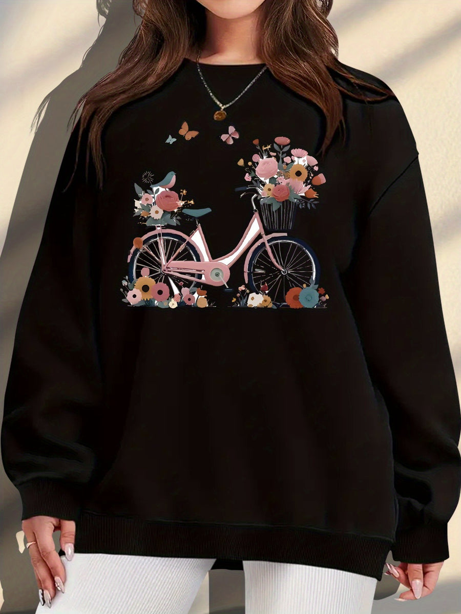 Plus Size, Extended Apparel: Women's Spring/Autumn/Winter Cross-Border European & American Plus-Size Simple Graphic Print Sweatshirt, Casual Crew Neck Sweatshirt, Women's Plus-Size Sweatshirt - Black