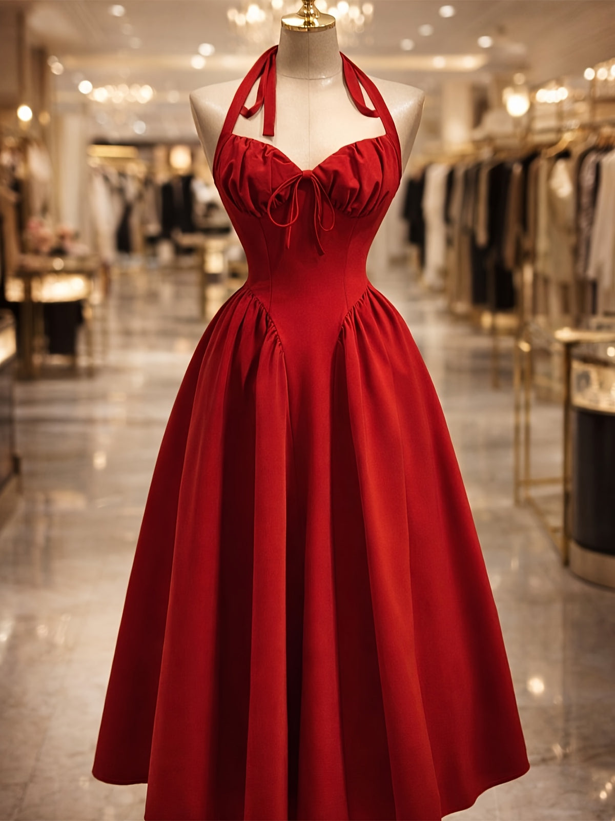 Women'S Elegant Solid Color Halter Neck Back Tie-Up Ruched Bust Waist-Cinching Slim Fit Flared Dress Suitable for New Year Valentine'S Day Party Graduation Gift Wedding Engagement Date Evening Banquet Bridesmaid Gown - Red
