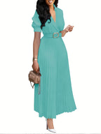 Summer Women'S Dress with Lapel V-Neck Puff Sleeves And Waist Cincher Pleated Maxi Skirt - Ocean Green