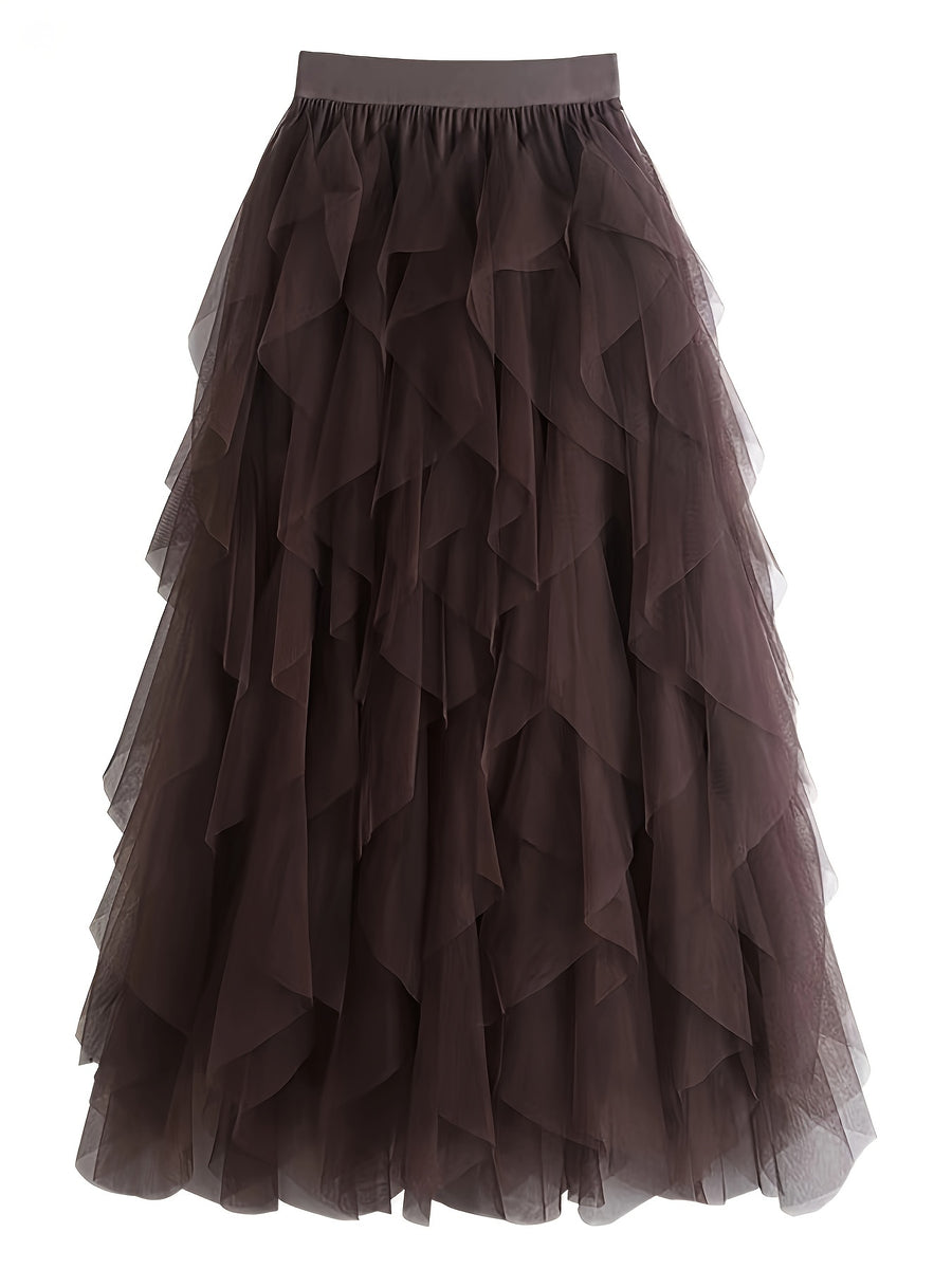 Chic Elegance, Elegant High-Waist A-Line Tulle Skirt for Women - Chic Korean-Style Spring Collection, Sheer Brown Polyester with Delicate Mesh Layers, Perfect for Summer Skirt - Coffee Brown
