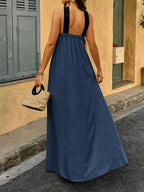 Elegant and Fashionable Women's Faux - Long Maxi Dress with Contrasting Colorblocking and A-line Hem, Featuring Crisscross Spaghetti Straps. Comfortable for Casual Outings, Vacations, Dates, and Romantic Beachwear, This Off-shoulder and Backless - Navy Color