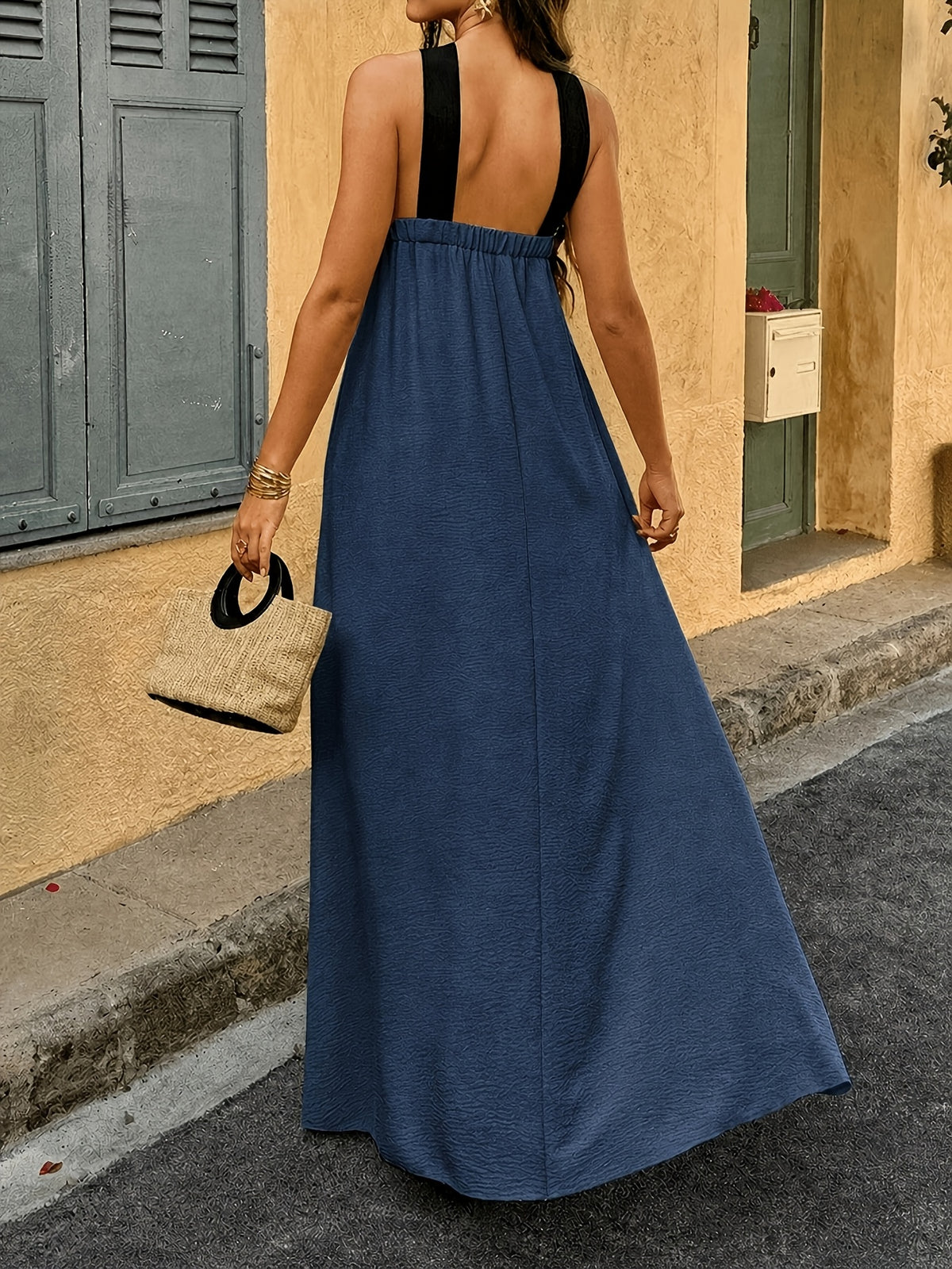 Elegant and Fashionable Women's Faux - Long Maxi Dress with Contrasting Colorblocking and A-line Hem, Featuring Crisscross Spaghetti Straps. Comfortable for Casual Outings, Vacations, Dates, and Romantic Beachwear, This Off-shoulder and Backless - Navy Color