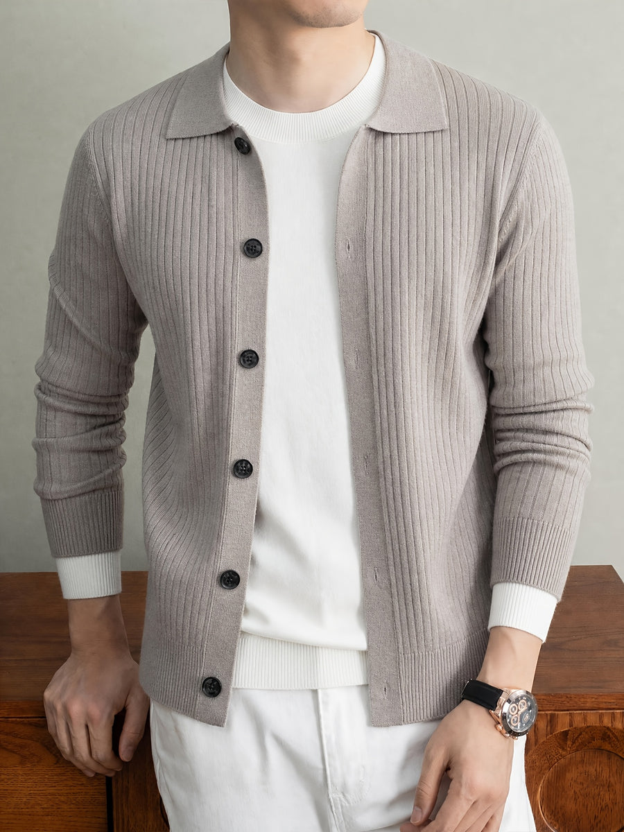 Men's Thick Knit Cardigan for Autumn & Winter, Classic Polo Collar, Solid & Striped Minimal Design, Old Money Style Warm Soft Sweater, Ideal Gift for Dad - Light Camel
