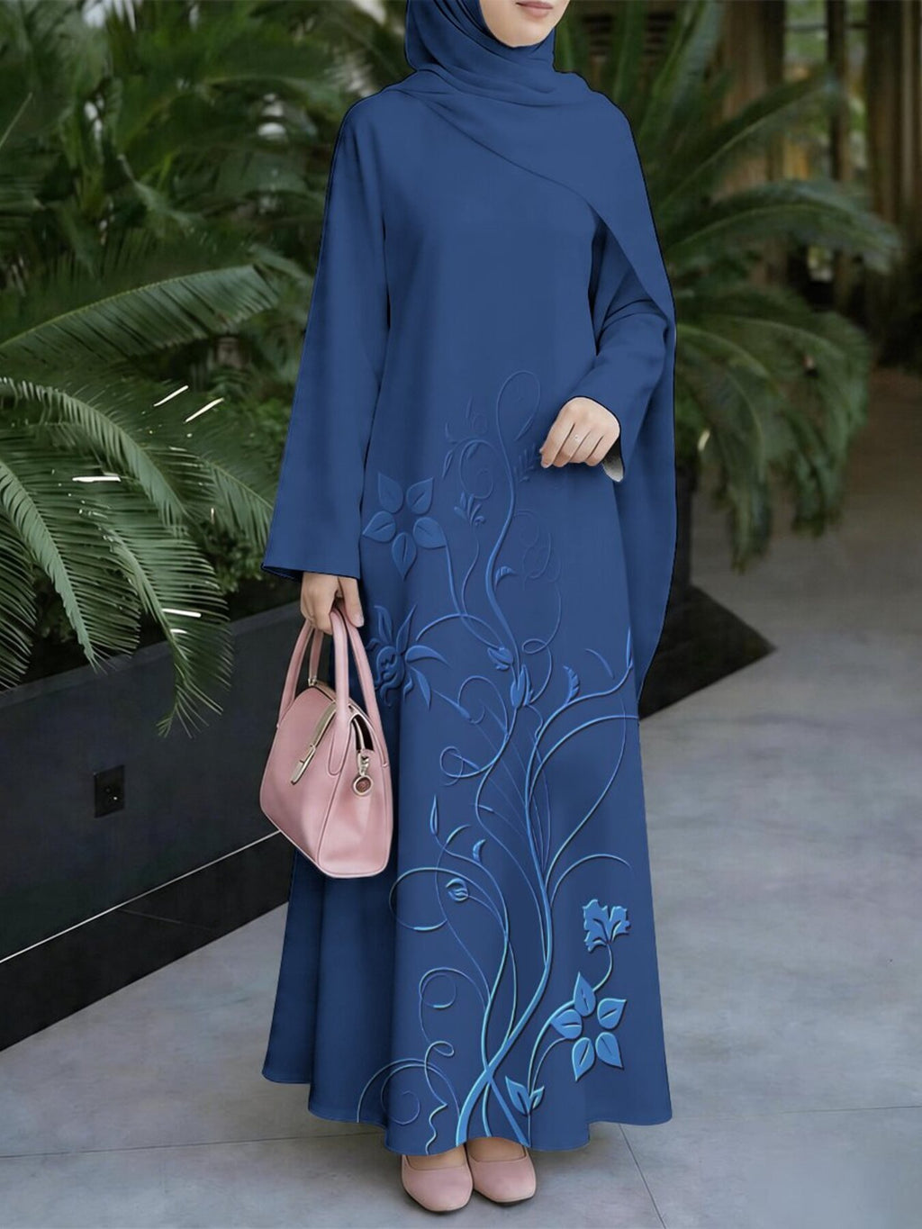 Muslim Women's Dress, Loose Fit Traditional Middle Eastern Thobe, Straight Cut Long Sleeve Elegant Muslim Long Dress, Long Abaya, Three-Dimensional Vine and Floral Pattern Print Dress, Headscarf Not Included - Mixed colors