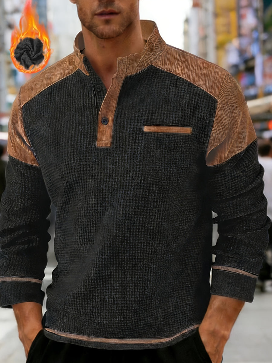 Men's American-style Casual Stand-up Collar Shirt with a Half-opening Button Placket Design, Retaining the Smart and Neat Look of a Stand-up Collar. The Addition of Two Buttons Enhances the Layered Style and Breathability. The Shoulders - Black