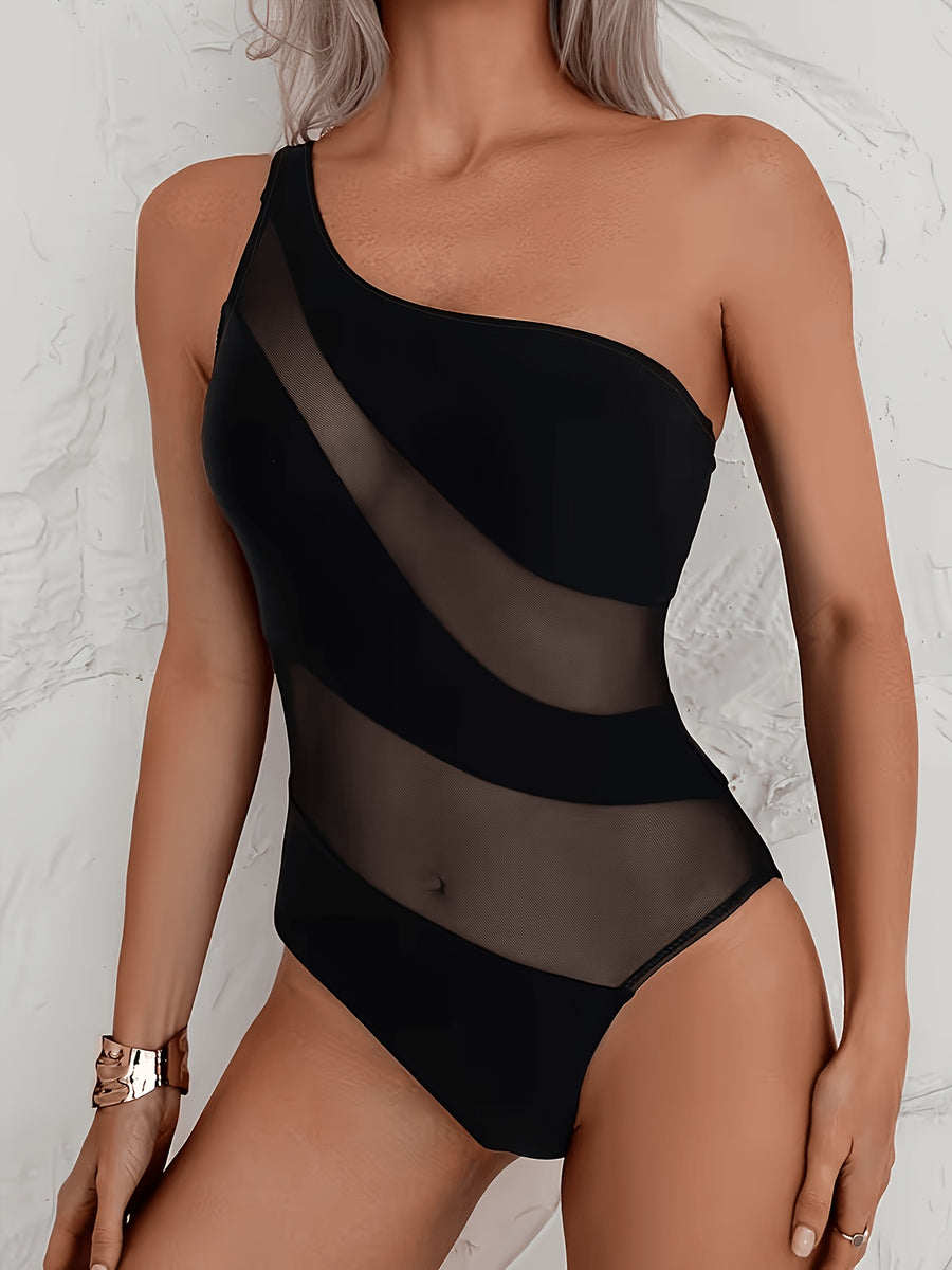 New Women'S Fashion Sexy Solid Off-Shoulder Mesh Panel Bodycon Jumpsuit, Suitable for Dates, Nightclubs, Parties, And Matching - Black
