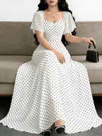 New Summer 2026 Chiffon Polka Dot Print Batwing Sleeve Sweet French-Style Mini Dress, Summer Maxi Dress - White