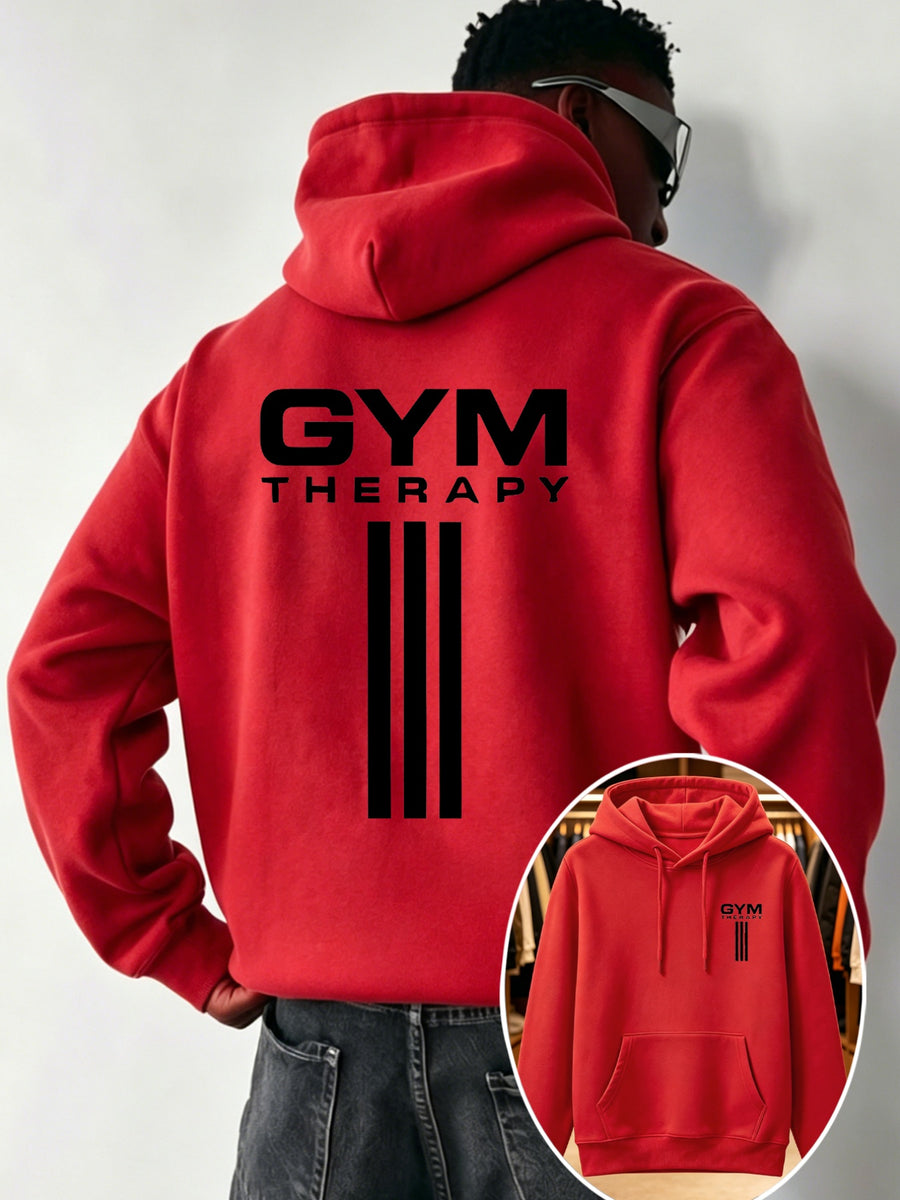 Men'S Trendy Print Casual Hooded Sweatshirt - GYM THERAPY Vertical Fitness Text Double-Sided Pattern Regular Fit with Front Kangaroo Pouch, Adjustable Drawstring Hood, Soft Fabric, Washable Print, Home, Commute, Camping Wear - Red