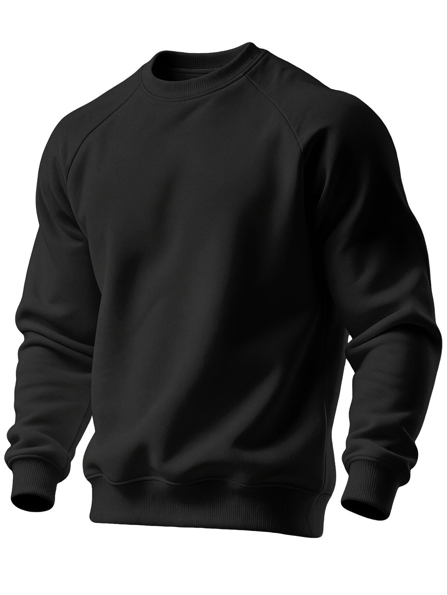 Men's New Autumn/Winter Casual Fitness Sports Thickened Crew Neck Raglan Sleeve Basic Long Sleeve Fashion Sweatshirt, 250g Brushed Fabric - Ink Black