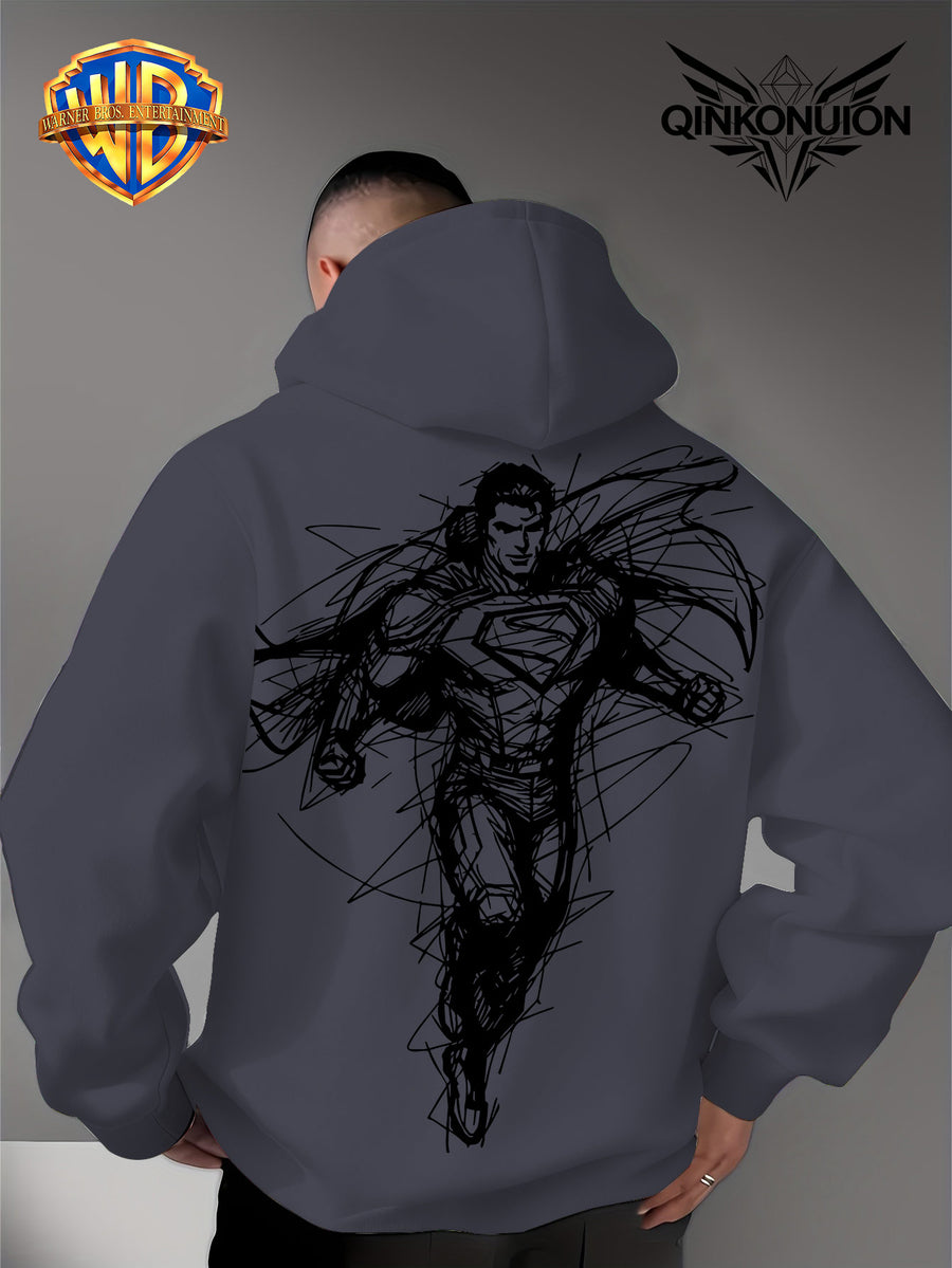 Warner Official Men'S Hooded Sweatshirt, Featuring Sketch Lines, Superhuman Flight, Dynamic And Cool Print Design, Machine Washable, Warm And Casual for Autumn And Winter, Daily Drawstring Hoodie, Multifunctional Sports And Casual Loose Fit - Dark Gray
