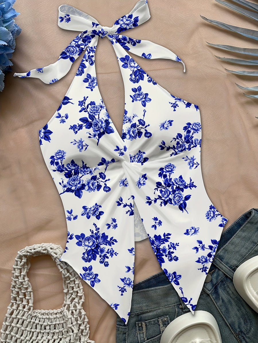 Women'S Spring/Summer Fall Boho Beach Vacation Outfits Marine Floral Leopard Print Trim Bustier Slim Fit Camisole Halter Top, Y2K Vintage Concert Outfit - Sky Blue