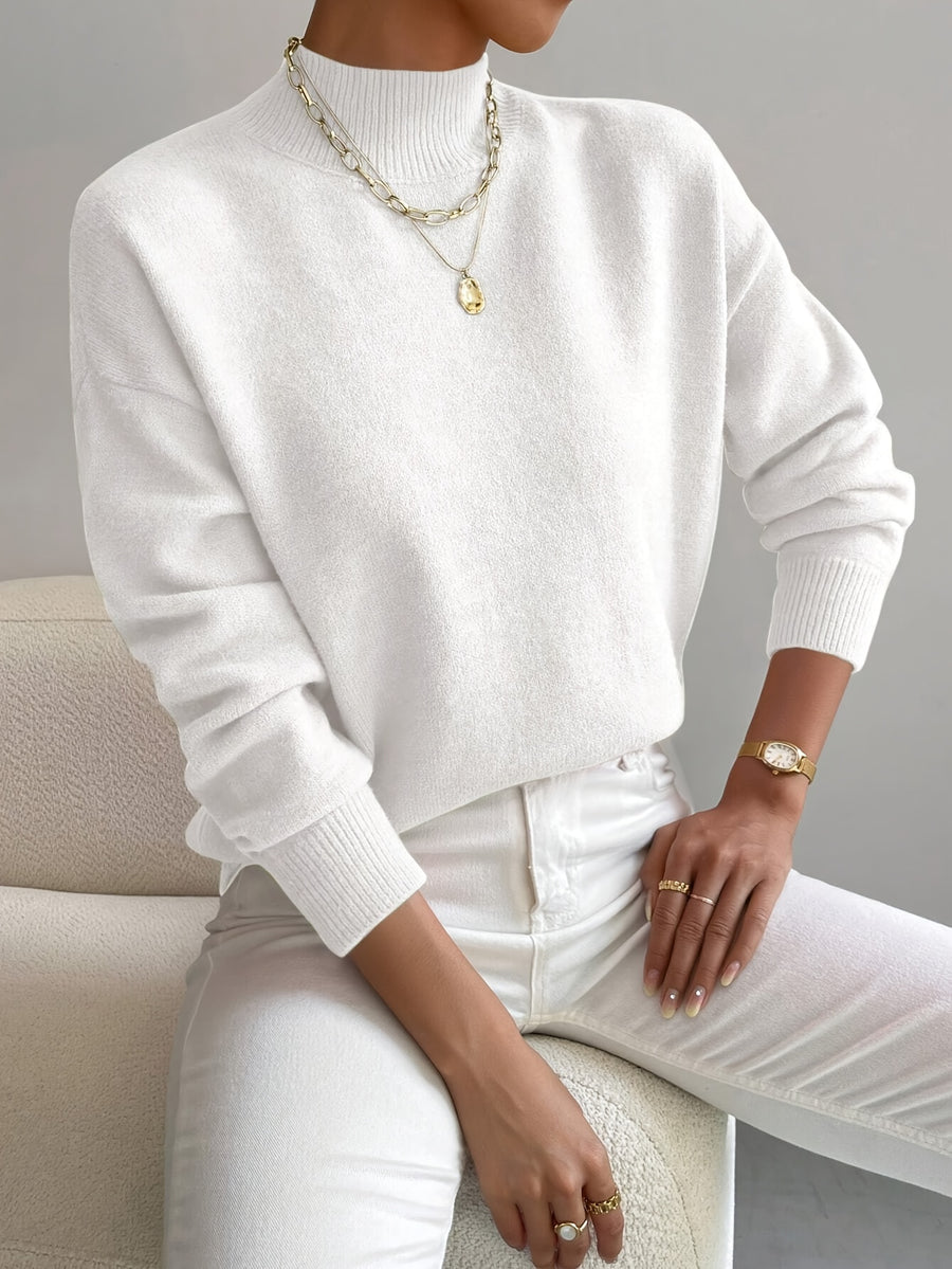 Women's Solid Color Elegant Mock Neck Long Sleeve Drop Shoulder Pullover Sweater - White