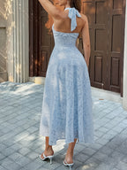 Women'S Sexy Casual V-Neck Tie-Up Backless Jacquard Fabric Elegant Dress, Suitable for Various Occasions Such As Vacation, Dating, Daily Wear, Beach, Valentine'S Day, Birthday, Party, Etc., a Summer Essential - Blue