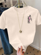Women's Samurai Sword Print T-Shirt - Cherry Blossom & Katana Design Short Sleeve Round Neck -Compatible Fit Suitable for Spring Summer Fall Casual Wear, Machine Washable -Themed Outfits - Apricot