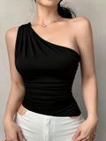 YY260317030 Women'S Asymmetrical Hem Pleated Waist Casual Top - Black
