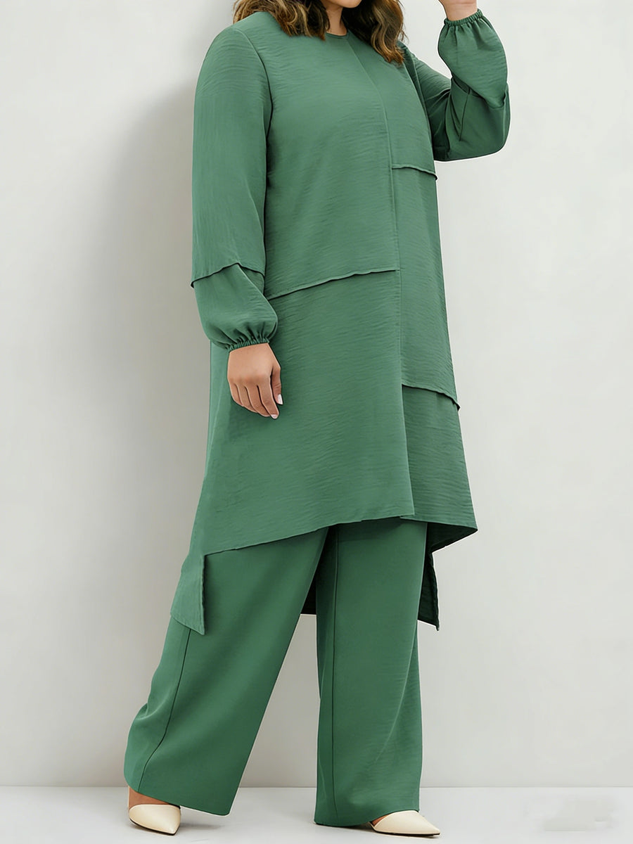 Eid Muslim 2pcs Jilbab Set | Modest Abaya with Wide Leg Pants | Traditional Daily Commute Wear - Green