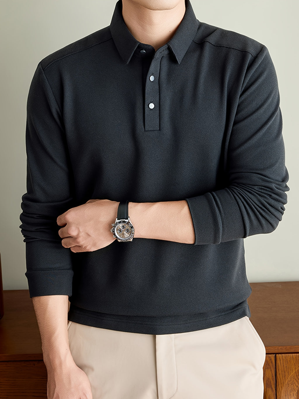 Men'S Long Sleeve Polo Shirts for Spring And Autumn: Easy Casual Solid Color Fleece Business Commute Crewneck T-Shirt Top - Dark Gray