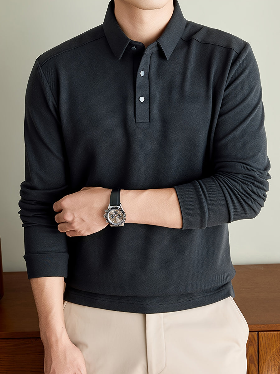 Men'S Long Sleeve Polo Shirts for Spring And Autumn: Easy Casual Solid Color Fleece Business Commute Crewneck T-Shirt Top - Dark Gray