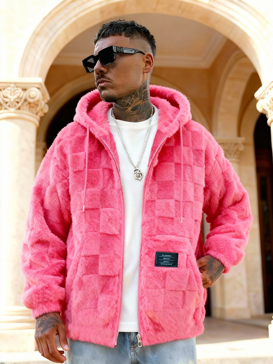 Pearson OBM Men's -Lined Hooded Long-Sleeve Warm Jacket, Comfortable Outerwear, Men's Casual Loose-Fit Jacket, Suitable for Autumn and Winter, Zipper Design, Ideal for Daily and Home Wear - Pink Color