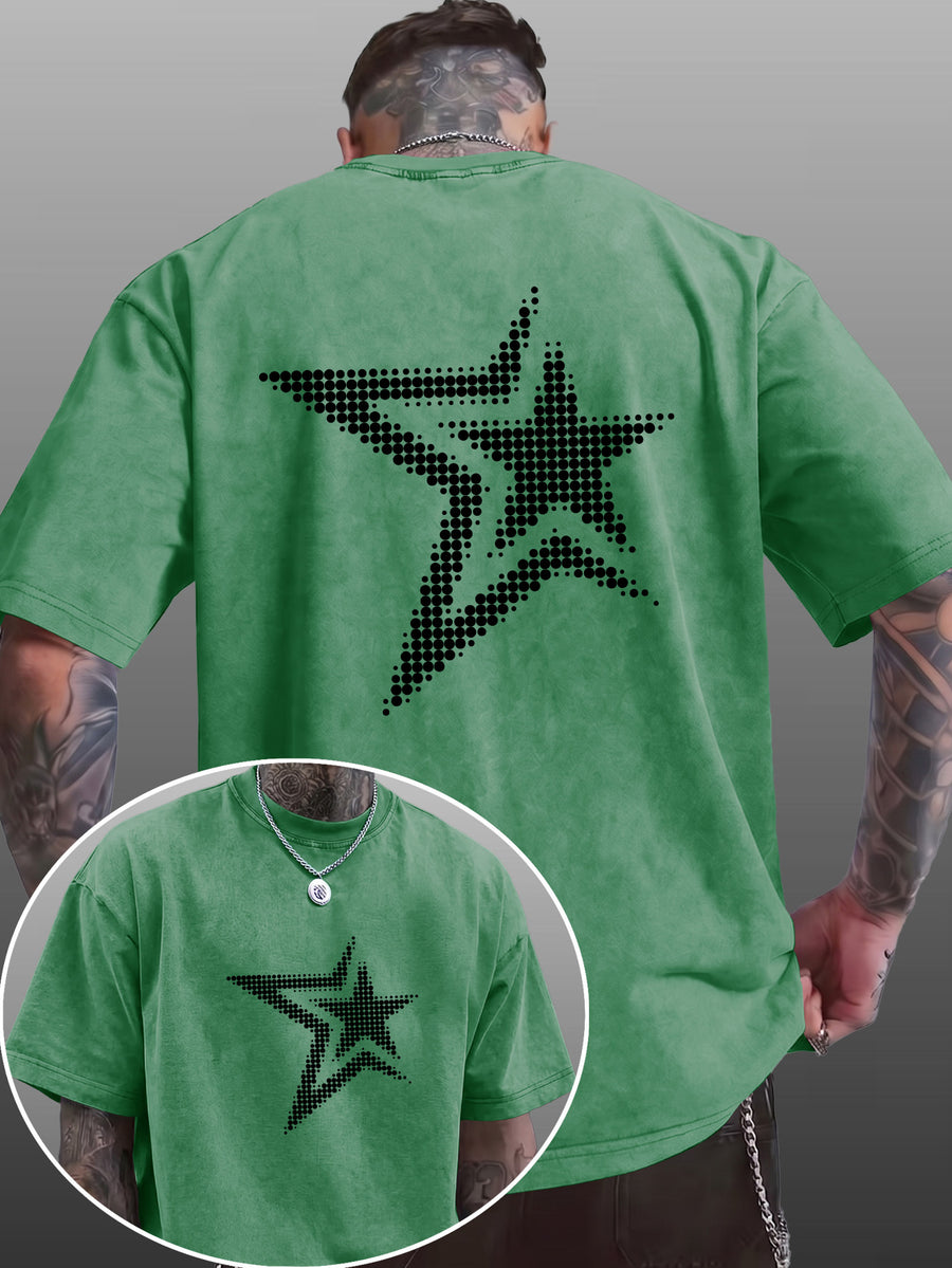 Men's Short-Sleeve T-Shirt, Pure Cotton Loose Fit Washed Distressed Half-Sleeve Top, Dot Matrix Overlapping Double Five-Star Trendy Reverse Double-Sided Print, Multiple Colors for Mix & Match, American Streetwear High Street Hip-Hop Y2K National - Green