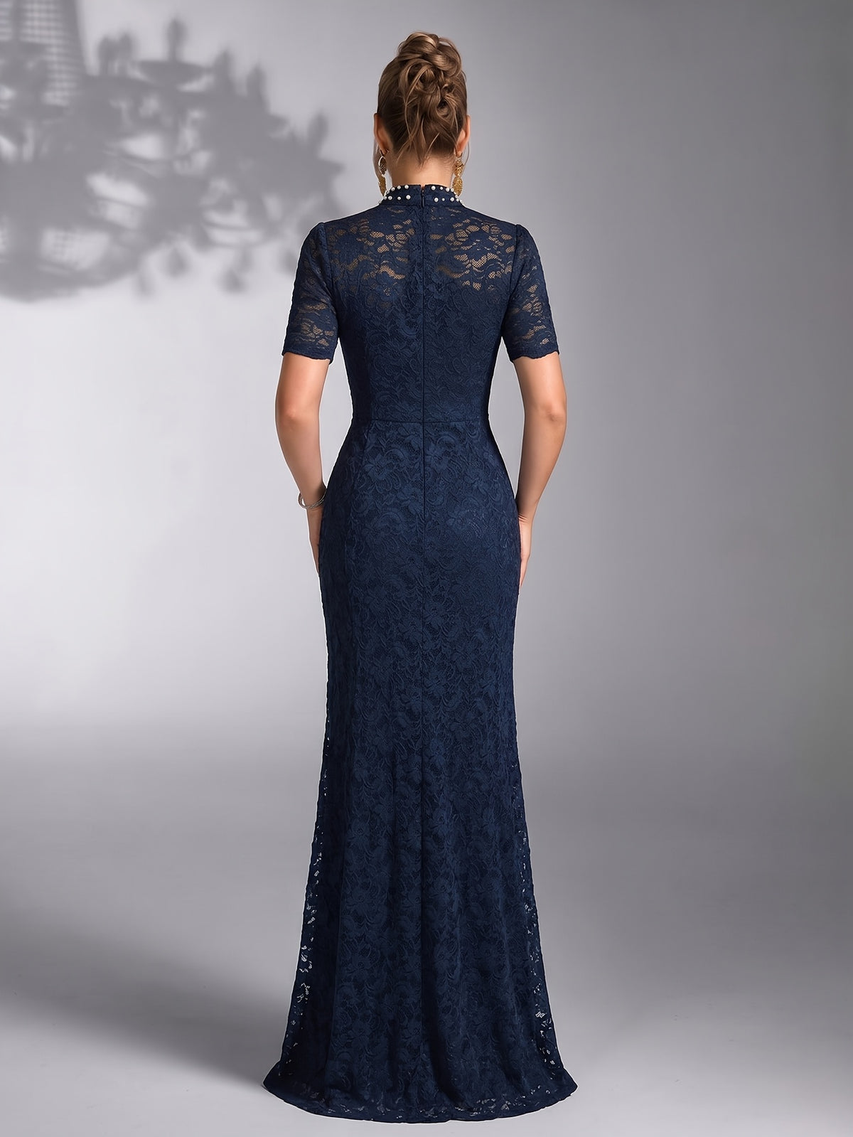 Women's Elegant Pearl-Embellished Lace Wedding Dress with Stand Collar - Fitted Bridesmaid Gown Suitable for Parties, Proms, Dinners, Hand Washable Lace Dress, Pearl Collar Bridesmaid Dresses - Navy Color