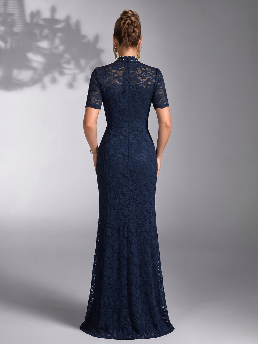 Women's Elegant Pearl-Embellished Lace Wedding Dress with Stand Collar - Fitted Bridesmaid Gown Suitable for Parties, Proms, Dinners, Hand Washable Lace Dress, Pearl Collar Bridesmaid Dresses - Navy Color