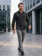Men's New Spring/Autumn Black Denim Shirt, American Vintage Washed & Distressed Craft, Workwear Style Lapel Long Sleeve Shirt, 3D Double Pockets with Quadrilateral Buttons, Casual Versatile Slim Fit, Suitable for Daily Commute & Streetwear - Black