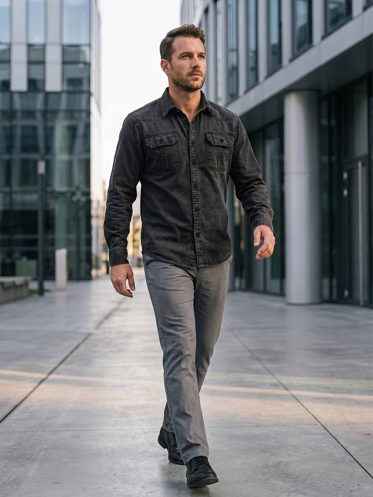 Men's New Spring/Autumn Black Denim Shirt, American Vintage Washed & Distressed Craft, Workwear Style Lapel Long Sleeve Shirt, 3D Double Pockets with Quadrilateral Buttons, Casual Versatile Slim Fit, Suitable for Daily Commute & Streetwear - Black