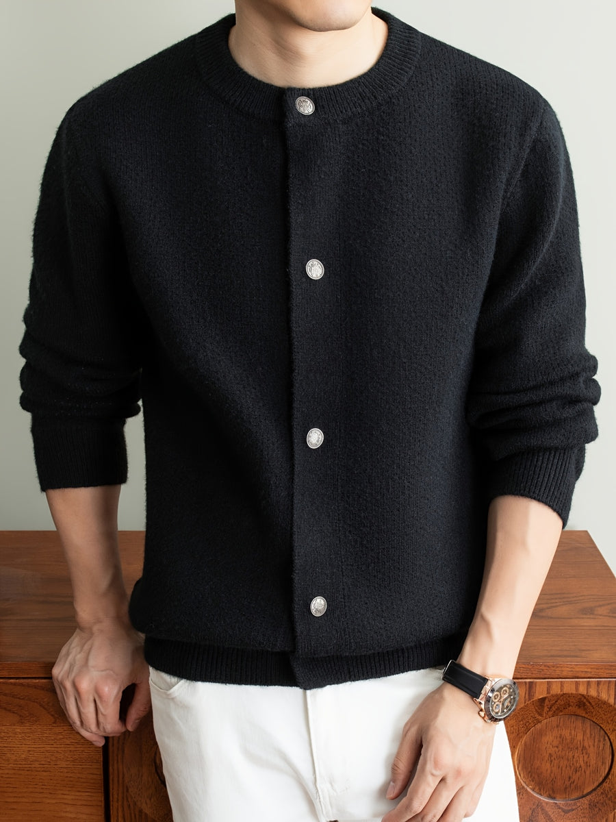 [Wading Whale OBM] 1pc Autumn Winter New Men'S Knit Cardigan, Old Money Style Textured Solid Color Round Neck Open Front Single Button Long Sleeve Sweater Base Layer Top, Men'S Casual Fashion, Suitable for Autumn And Winter Wear, Fits Daily Commute - Black