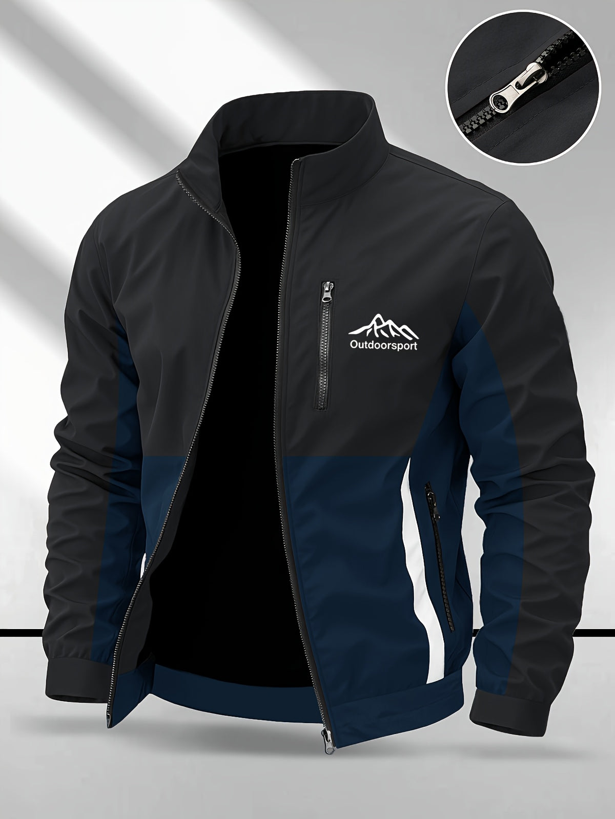 Men's Color-Block Spliced Stand-Collar Jacket, Spring/Autumn Outdoor Windproof Top, Trendy Casual Sporty Versatile Printed Jacket - Deep Blue