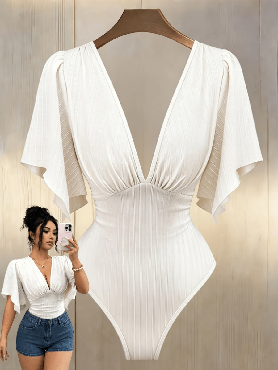 Ladies Elegant New V-Neck Texture Bust Pleats Ruffle Sleeves Slim Waist Elegant Jumpsuit, V-Neck Asymmetrical Cuffs Bodysuit Top - Apricot