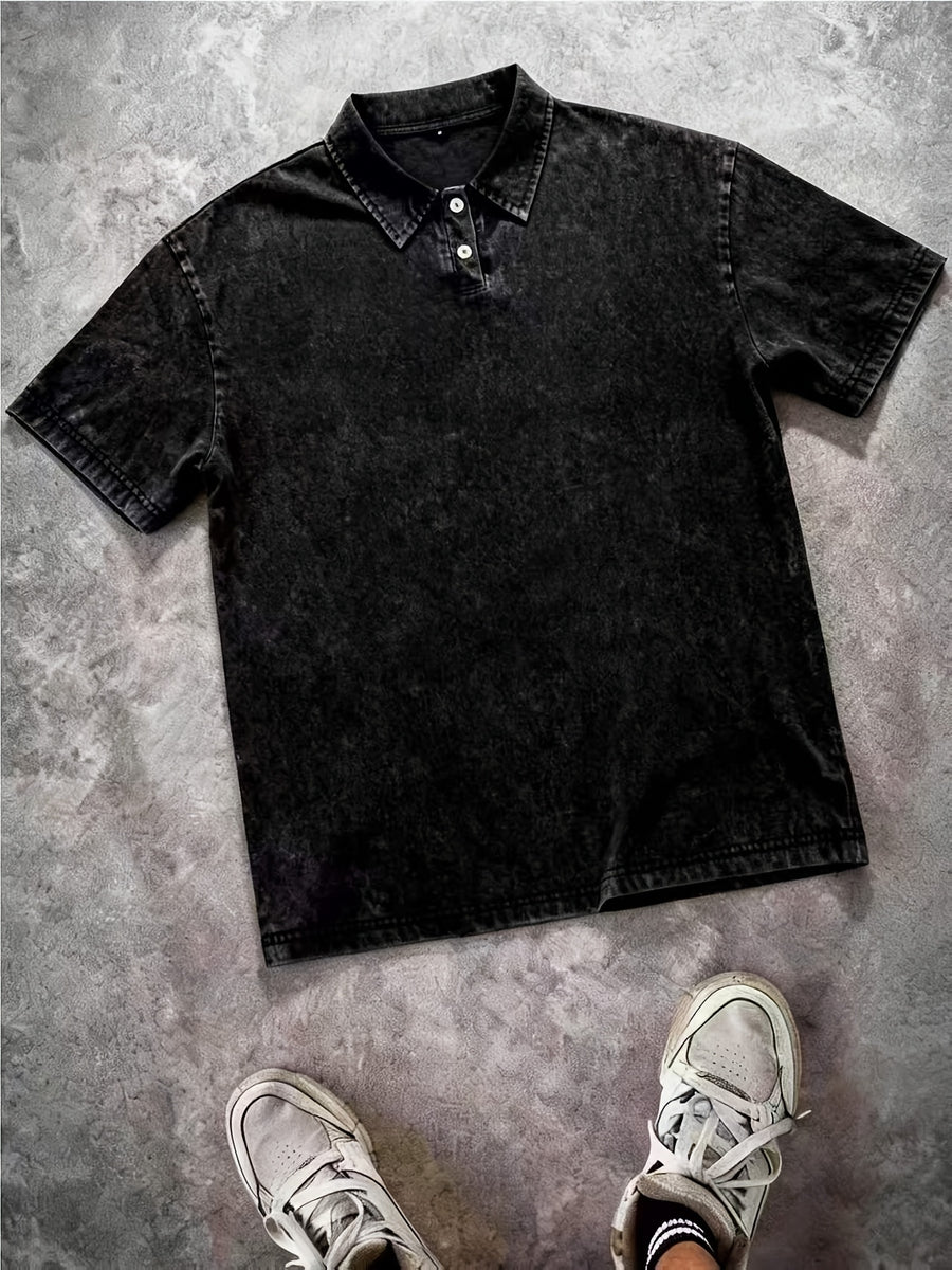 American Vintage Washed Distressed Heavyweight Polo Short Sleeve Men's Spring/Summer Streetwear Brand Loose Fit Versatile Short Sleeve Lapel T-Shirt Casual Street Top - Black