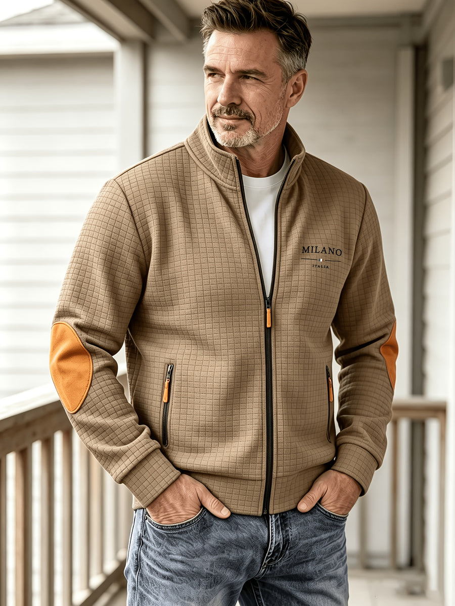 Men'S Autumn Winter Sports Stand-Collar Zipper Pocket Jacket, Spring Autumn Versatile Zipper Cardigan Top, Fashionable Plaid Jacquard Texture Fabric, Stylish Elbow Classic Color-Block Casual Coat, Suitable As Men'S Holiday Gift - Khaki