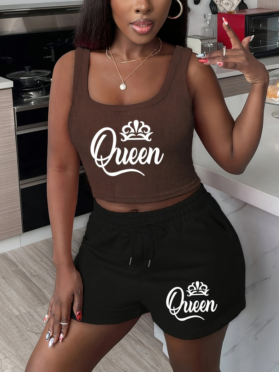 Women's suits: diagonal pocket drawstring shorts, spring and summer shorts, Women's clothing, letter print short vests, sleeveless casual tops - Dark Brown+Black
