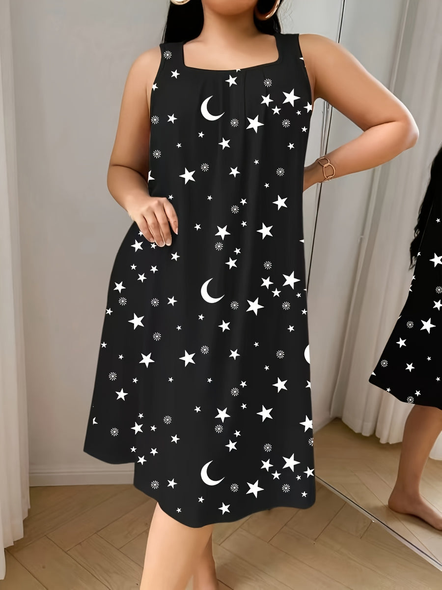Women'S Plus Size Sleeveless Vest Dress with Star And Moon All-Over Print, Spring Summer Style, Very Comfortable Home Wear - Black+White