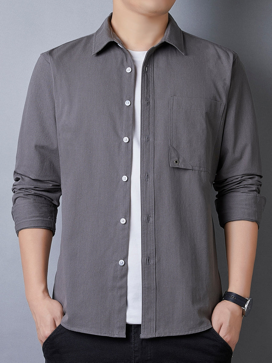 Men's Casual Pure Cotton Long-Sleeve Shirt for Spring and Autumn, Solid Color Simple Lapel Single-Pocket Shirt for Daily Commuting, Work, and Dating, Men's Top - Dark Gray